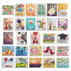 many different greeting cards are arranged in the shape of a collage with colorful images