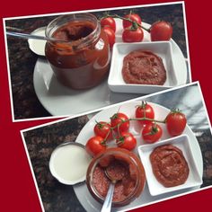 two pictures of tomatoes and sauce on a plate