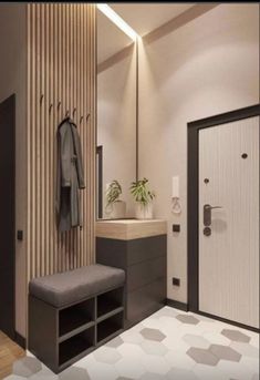 a bathroom with a bench, mirror and coat rack