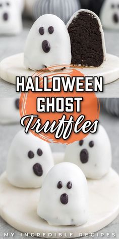 halloween ghost truffles with white frosting and chocolate chips on top, in front of