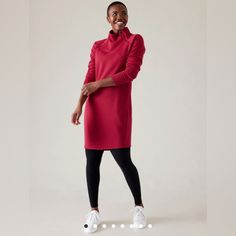 Athleta Cozy Karma Sweatshirt Dress | Clover Berry Xxs - New With Tags Sweatshirt Dress With Leggings, Karma Sweatshirt, Sweatshirt Dress Outfit, Athleta Dress, Sweatshirt Dress, Dresses With Leggings, Athleisure, Red Dress, Berry