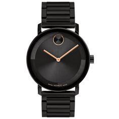 The evolution of modern design with a sharp look and elevated feel. Crafted from black ion-plated stainless steel, this sleek Movado BOLD Evolution timepiece features a statement-making 40mm case that houses a captivating micro-textured tonal dial with a glossy lacquer overlay, slim hands, and the iconic dot motif at 12 o'clock. A flexible H-link bracelet in matching black completes the design. 40mm Black Ionic Plated Stainless Steel Case Black Museum Dial With Flat Dot K1 Crystal Swiss Quartz M Slim Hands, Movado Womens Watch, Movado Mens Watches, Black Museum, Mens Dress Watches, Movado Bold, Slim Watches, Movado Watch, Swiss Made Watches