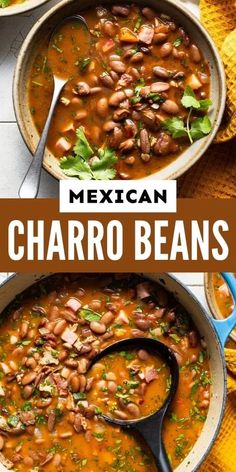 mexican charro beans in a skillet with the title above it and below photo