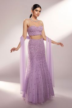 Buy Purple Net Embroidered Mother Of Pearl Mera Fish Cut Lehenga Set For Women by Kiyohra Online at Aza Fashions. Fish Cut Lehenga, Fish Cut, Indian Dress Up, All Over Embroidery, Indian Bridesmaid Dresses, Indian Outfits Lehenga, Corset Blouse, Lehenga Designs Simple, Fashionable Saree Blouse Designs