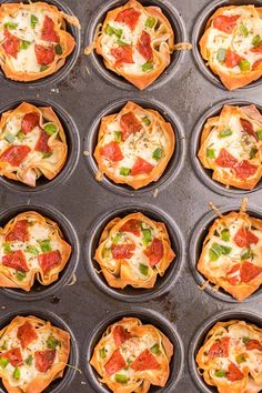 mini pizzas in muffin tins with toppings on the top, ready to be eaten