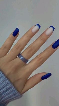 Blue And French Nails, Short Trendy Nails Blue, Blue Nails Ideas Coffin, Blue Nail Ideas Short, Blue Nails Ideas Short, Short Nails Ideas Blue, Casual Nail Ideas, Blue Gel Nails Ideas, Matte Blue Nails