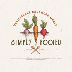 the logo for simply rooted is shown with carrots and radishes on it