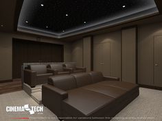 an empty theater room with brown leather seats and stars in the sky above it, as well as a projector screen