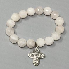 Quartz Bracelet Milky White Faceted Stone Beads Cross Charm Religious Stretch Spiritual Rosary Bracelet With Faceted Round Beads, Spiritual Beaded Charm Bracelet, Beaded Cross, Milky White, Quartz Bracelet, Cross Charms, Stone Beads, Bracelet, Beads