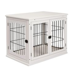 a white dog cage with measurements for the top and bottom section, on a white background