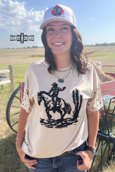 High Horse Tee Fashion Top Rowdy Crowd Clothing Western Crew Neck Tops For Rodeo, Western Style Crew Neck Tops For Fall, Black Western Tops For Summer, Black Western Style Summer Tops, Black Western Style Tops For Summer, Western Style Short Sleeve Tops For Rodeo, Casual Crew Neck Tops For Rodeo, Trendy Black Tops For Rodeo, Summer Graphic Tee For Rodeo