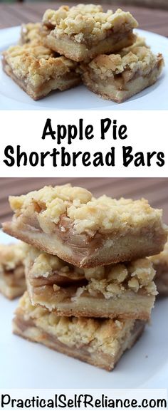 apple pie shortbread bars are stacked on top of each other and ready to be eaten