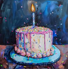 a painting of a birthday cake with a lit candle on it and sprinkles