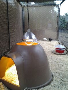 a large gray and orange dog house in the middle of a cage with food inside