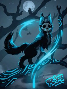 a drawing of a wolf with blue lights on it's face and tail, standing in front of a full moon