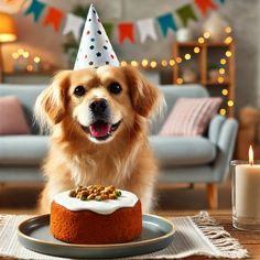 a dog sitting in front of a birthday cake with a candle on the table next to it