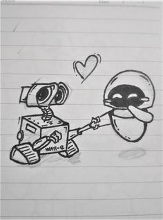 a drawing of a robot holding a box with a heart on it's side