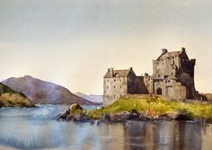 watercolor painting of an old castle by the lake