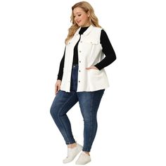 Elevate your wardrobe with the Agnes Orinda Women's Plus Size Denim Vest, a perfect blend of style and comfort tailored for the plus-size woman. This chic white denim vest features a raw hem and button-down design that adds a touch of rugged elegance to any outfit.

- **Color:** White
- **Material:** Soft knitted denim
- **Size:** 2X
- **Gender:** Female
- **Features:** Frayed edge design, chest decor pockets, and slant cargo pockets

Designed to flatter your curves while providing a comfortable White Vest With Button Closure For Fall, Casual White Sleeveless Denim Vest, Chest Decor, White Denim Vest, Female Features, Denim Vests, Plus Size Denim, Denim Color, Vest White