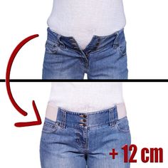 a woman's waist is shown with an arrow pointing to the bottom of her pants