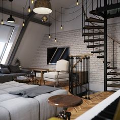 a living room filled with lots of furniture next to a loft style ceiling mounted tv