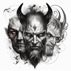 three men with horned faces and horns on their heads are depicted in this artistic drawing