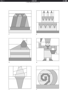 four different types of shapes and numbers on a white sheet with black lines in the middle