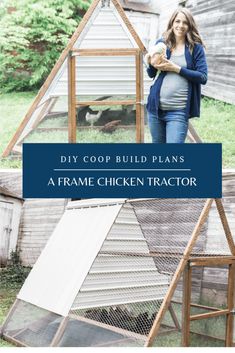 a woman standing next to a chicken coop