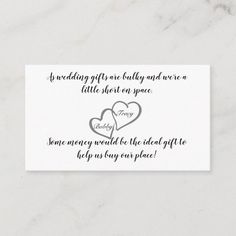 a wedding gift card with two hearts on the front and bottom, in black ink