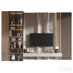 an entertainment center with bookshelves and a flat screen tv mounted on the wall