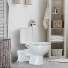 a white toilet sitting in a bathroom next to a shelf