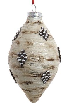 a glass ornament with pine cones hanging from it's side on a white background