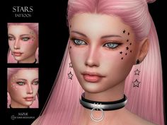 an animated image of a woman with pink hair and stars on her face, wearing a choker