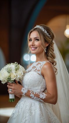 a woman in a wedding dress holding a bouquet