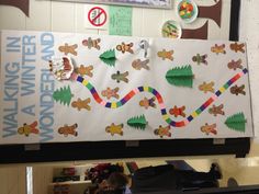 a bulletin board decorated with gingerbreads and people walking in a winter wonderland theme