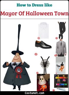 an image of halloween costumes for men and women with instructions on how to dress like mayor of halloween town