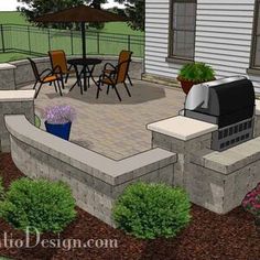 an outdoor patio with grill and seating area