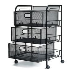 three tiered metal storage cart with mesh baskets on wheels and four bins in the middle