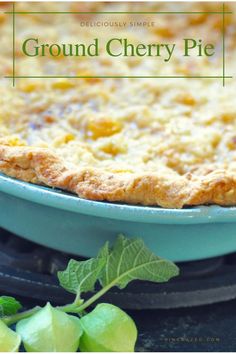 a close up of a pie in a pan on a table with green leaves and the words ground cherry pie