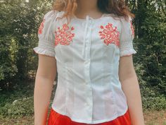 Fitted Retro Blouse With Floral Embroidery, Retro Fitted Blouse With Floral Embroidery, Retro Embroidered Collared Top, Retro Embroidered Button-up Top, Retro White Embroidered Blouse, Vintage Embroidered Collared Blouse, Retro Floral Embroidered Button-up Top, 1970s Fitted Cotton Shirt, Homemade Dress