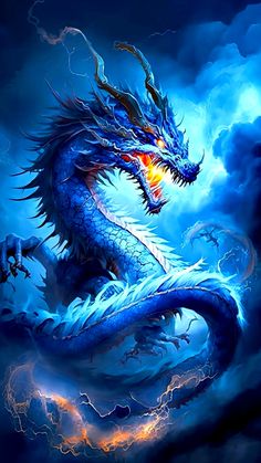 a blue dragon sitting on top of a cloud filled sky