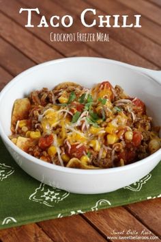 taco chili crockpot freeze meal in a white bowl on a green placemat