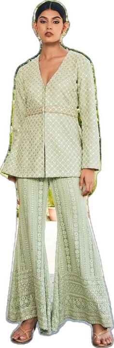 Georgette Tunics, Women Kurta, Embroidered Tunic, Set Women, Pastel Green, Pant Set, Set For Women, Aza Fashion, Fashion Set