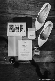 the bride's shoes and grooms accessories are laid out for their wedding