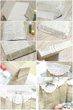 the instructions for how to make a paper bag with lace trimmings and ribbon