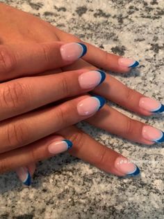 Acrylics Nails French Tip, French Tip 2 Colors, French Tip With 2 Colors, French Tips Acrylic Colorful, Blue Gel French Tip Nails, Blue French Tip Almond Acrylic Nails, Preppy Nail Ideas French Tip, Gel Nails Ideas Short Preppy