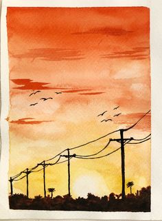 watercolor painting of power lines at sunset