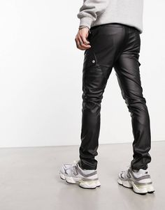 ASOS DESIGN skinny cargo pants in black leather look | ASOS Casual Leather Pants With Side Pockets For Streetwear, Fall Slim Fit Streetwear Bottoms, Slim Fit Bottoms For Fall Streetwear, Casual Faux Leather Cargo Pants, Fall Slim Fit Bottoms For Streetwear, Casual Faux Leather Pants With Side Pockets, Urban Slim Fit Pants For Streetwear, Urban Fitted Leather Pants For Streetwear, Casual Leather Pants With Cargo Pockets For Streetwear