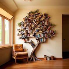 a tree shaped book shelf in the corner of a room