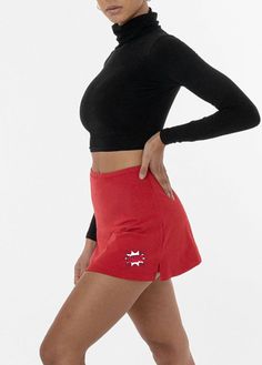 Garment dyed cheer skort with built in compression shorts and ohio burst embroidery Red Short Skort With Built-in Shorts, Red Fitted Athletic Shorts, Red Sports Skort For Summer, Red Fitted Athletic Shorts For Athleisure, Red Stretch Casual Skort, Fitted Cotton Skort For Sports, Red Fitted Cotton Activewear, Red Fitted Casual Athletic Shorts, Casual Red Fitted Athletic Shorts